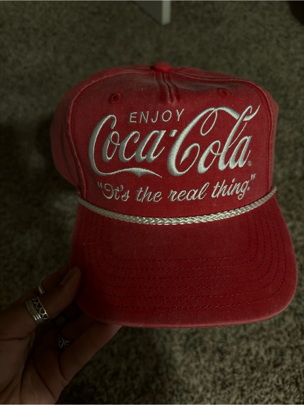 Coca Cola red cap with white embroidered logo and rope